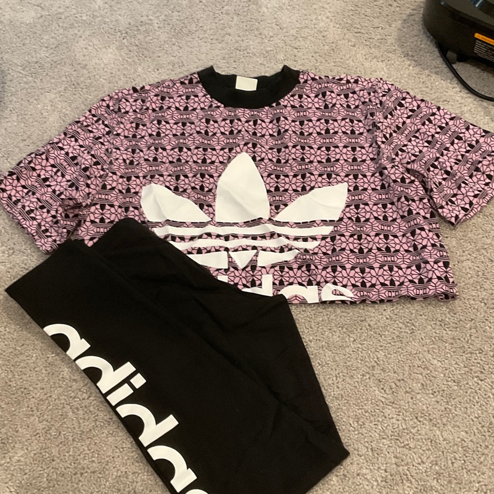 Adidas Pink and Black Graphic Crop Top and Leggings